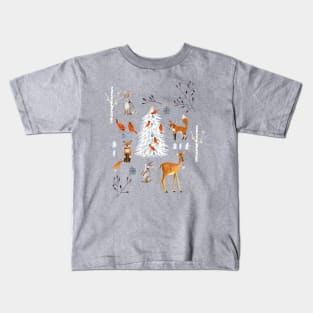 Cute woodland animals winter snow tree Kids T-Shirt